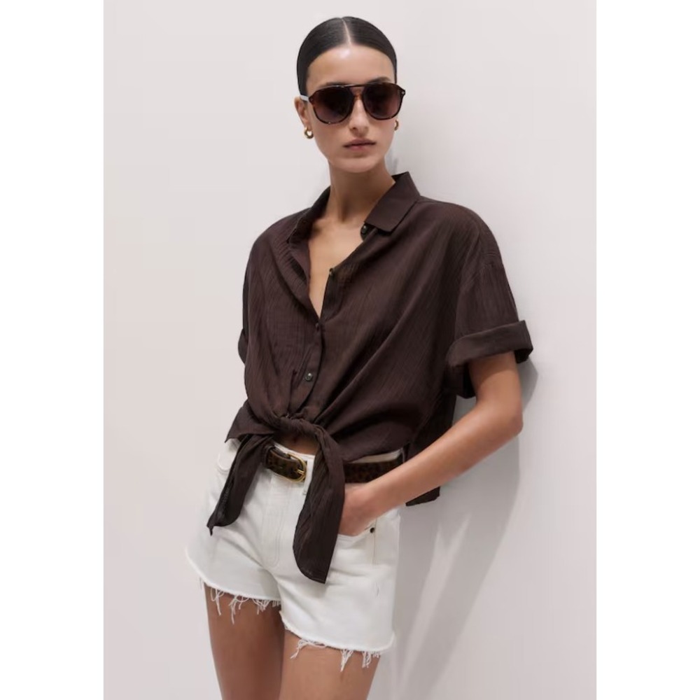 ME+EM Tie Front Beach Shirt Brown Button Down Oversized Cropped Casual Size 10